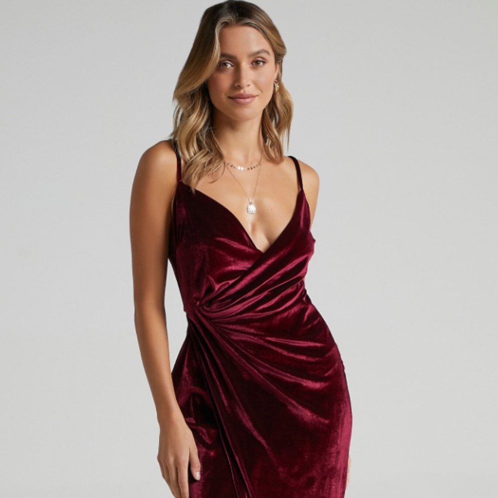 Showpo Loving Blind Midi Dress - Draped Thigh Split Dress in Wine Velvet